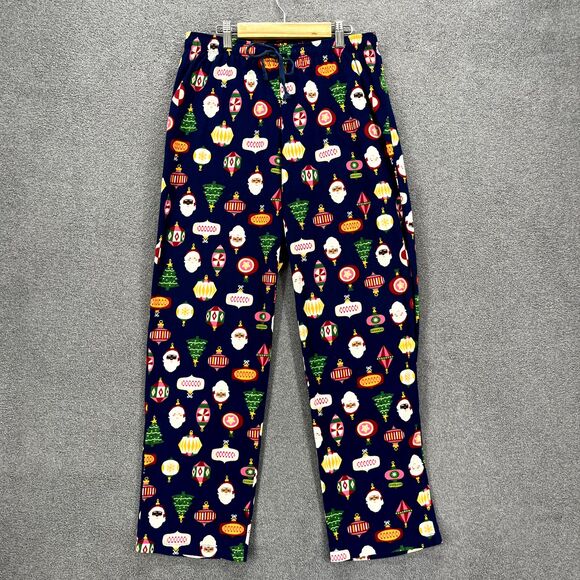 North Pole Trading Co. Pajama Pants Women Small Blue Christmas Tree Sant Flannel - Picture 1 of 15
